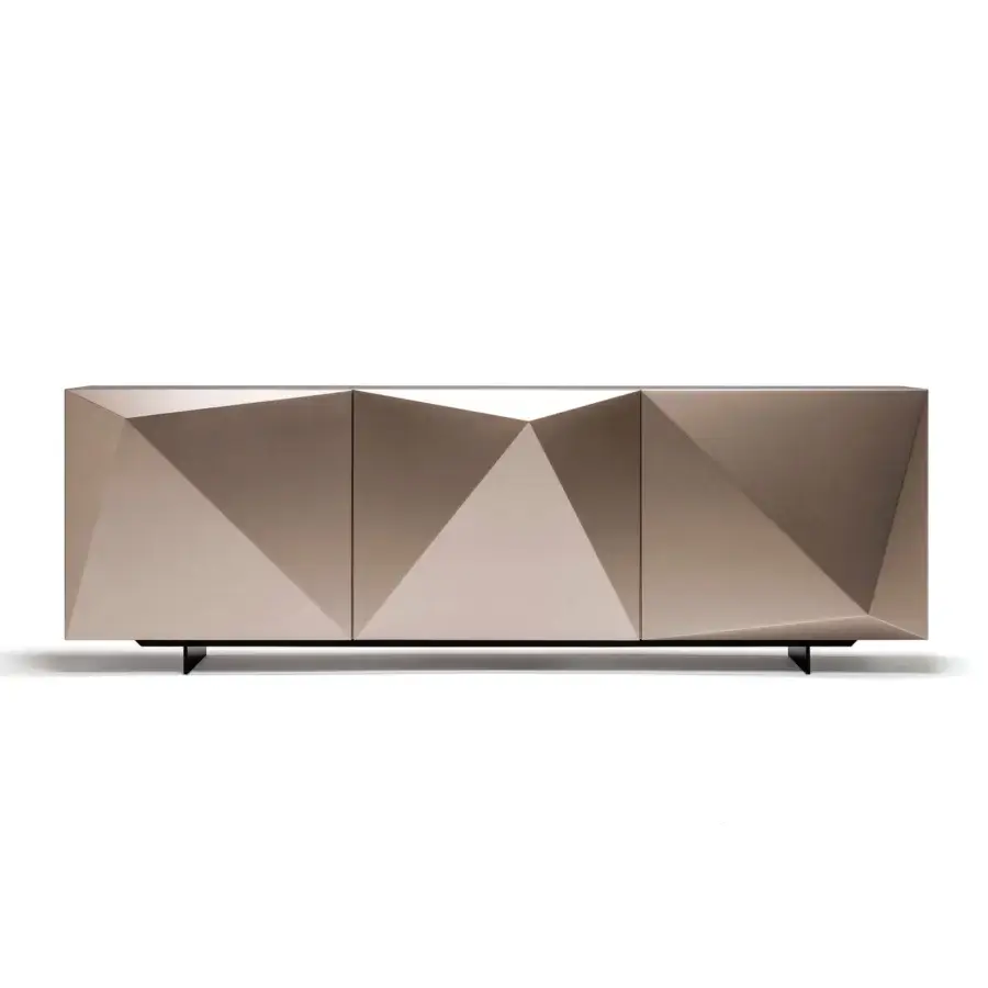 Exceptional Cattelan Italia Kayak sideboard with geometric facets, polished light taupe lacquer and dark contrasting base
