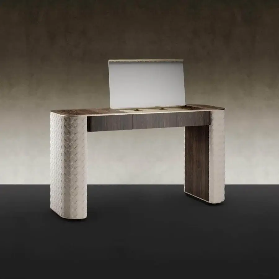 Exceptional Reflex San Marco vanity with wooden structure, light gray textile upholstery and shiny Ebony finish