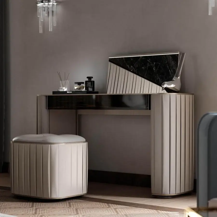 Superior Reflex Plissé vanity with ebony wood, pleated fabric upholstery and satin brass detailing