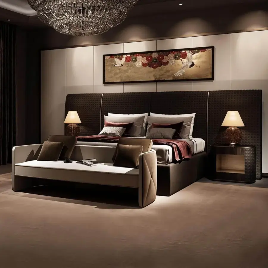 Lavish Reflex San Marco XL bed with sophisticated headboard, sides and base in brown fabrics and leathers with shiny lacquered wood joints