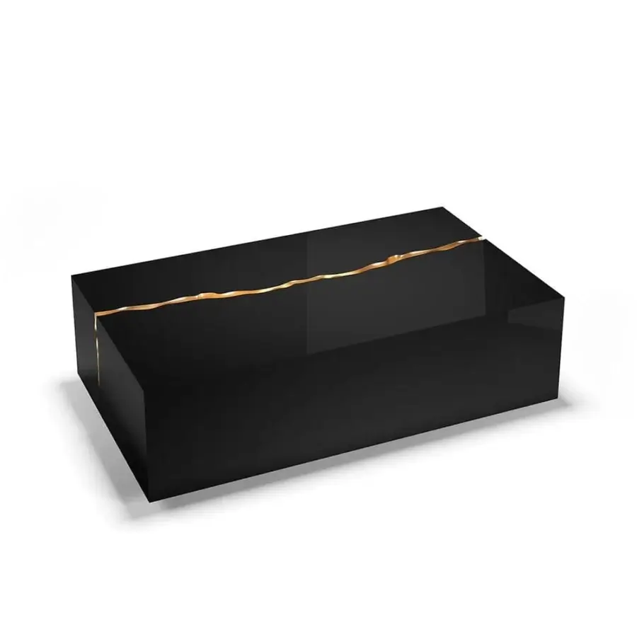 Exceptional Reflex Impact coffee table with shiny lacquered wood, gold finish inlay and a high-gloss reflective surface