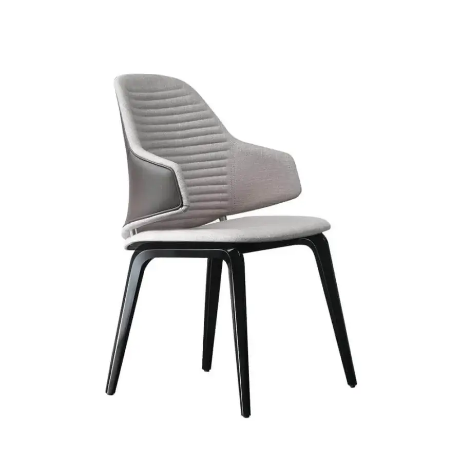Elegant Reflex Vela chair with sculpted resin and wood shell, Canaletto walnut base, plus light neutral gray quilted textile upholstery