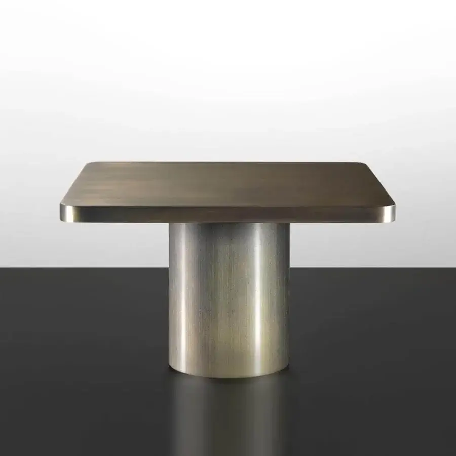 Distinguished Reflex Tau Steel coffee table with sleek square tabletop and satin dark brass supporting column