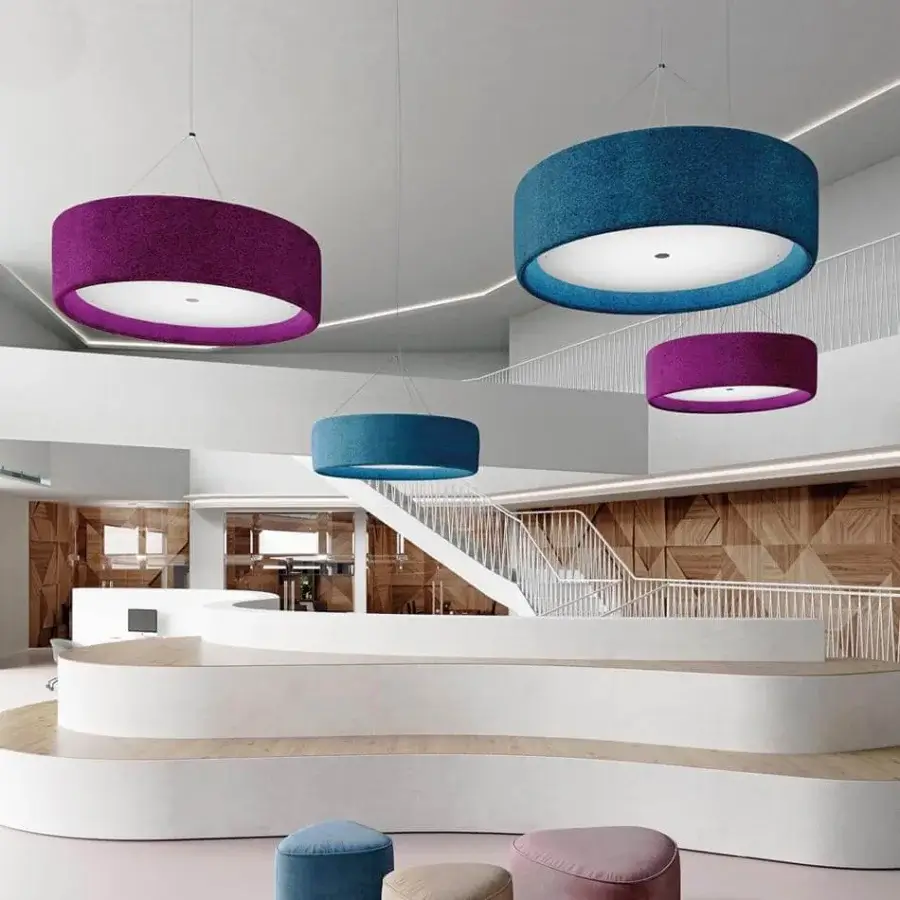 Superior Modo Luce Circus suspension lamp with a teal blue textured textile lampshade and white interior