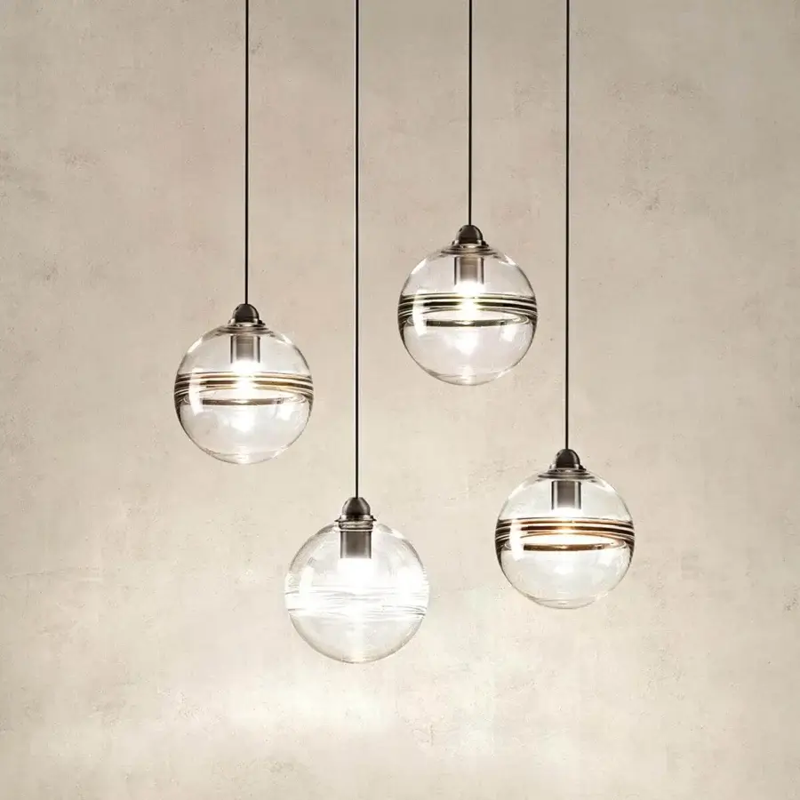Exclusive Vistosi Oro suspension lamp in crystal glass with black nickel metal parts and a satin reflective band