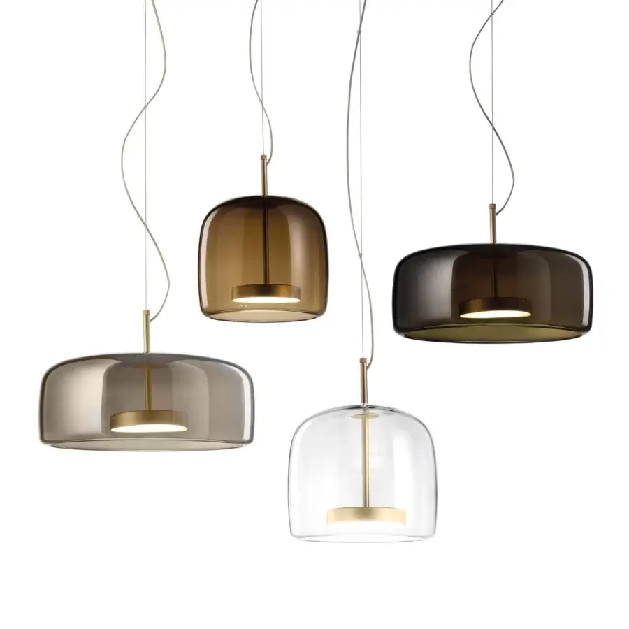 Elegant Vistosi Jube suspension lamp with hand-blown glass diffuser in a smoky translucent gradient and matt gold components