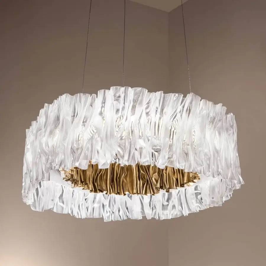 Distinguished Slamp Accordeon suspension lamp with sculpted translucent white Lentiflex® diffuser and satin golden metallic core