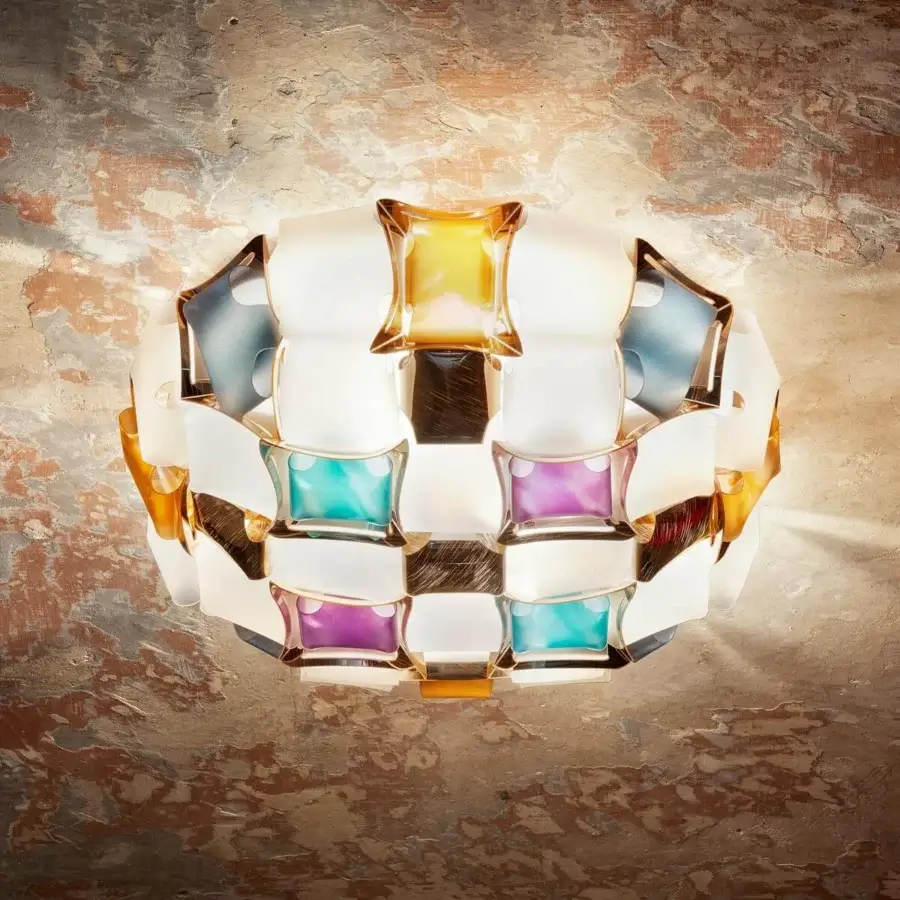 Distinguished Slamp Mida ceiling lamp crafted in white Opalflex® and Lentiflex® with jewel-toned translucent facets and glossy finish