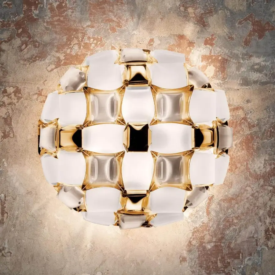 Exceptional Slamp Mida wall lamp handcrafted in white Opalflex® and Lentiflex® with brushed metallized finish