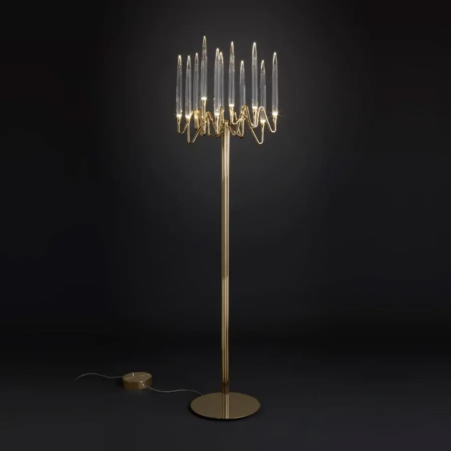 Exclusive Il Pezzo Mancante Il Pezzo 3 floor lamp crafted in hand-forged brass with polished golden finish and clear solid crystal candles