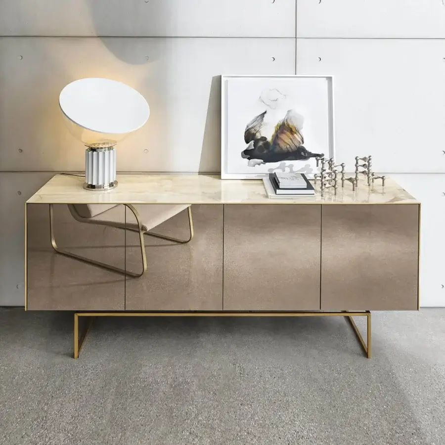 Superior Sovet Italia Magda sideboard with matte taupe finish and burnished metal base construction