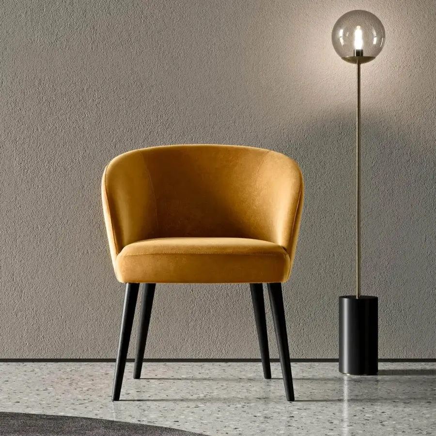 Distinguished Presotto Evia lounge chair with golden-yellow textured fabric and slender matte metal legs