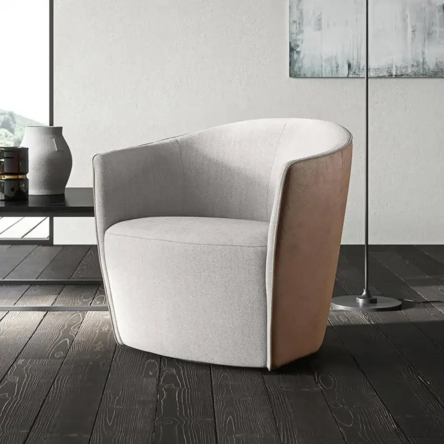 Exceptional Presotto Fuller lounge chair with light gray and reddish-brown fabric upholstery and integrated swiveling base