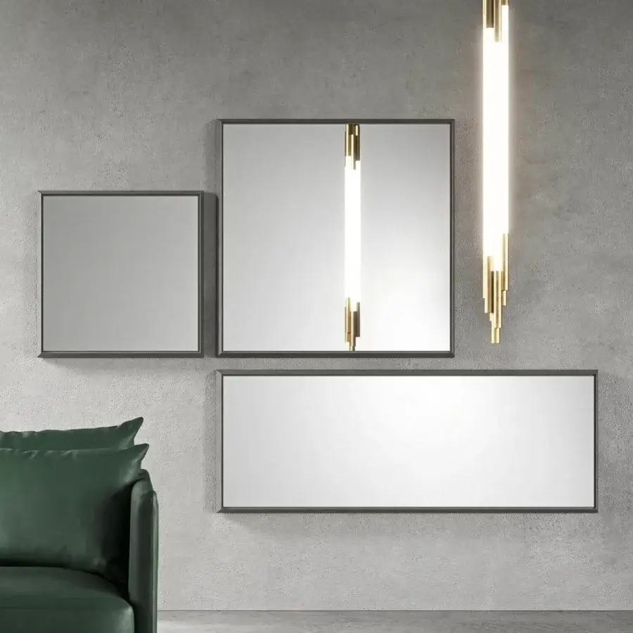 Superior Presotto Mimesi mirror with tapered metallic lacquered frame and clear glass reflection in dark gray matte finish