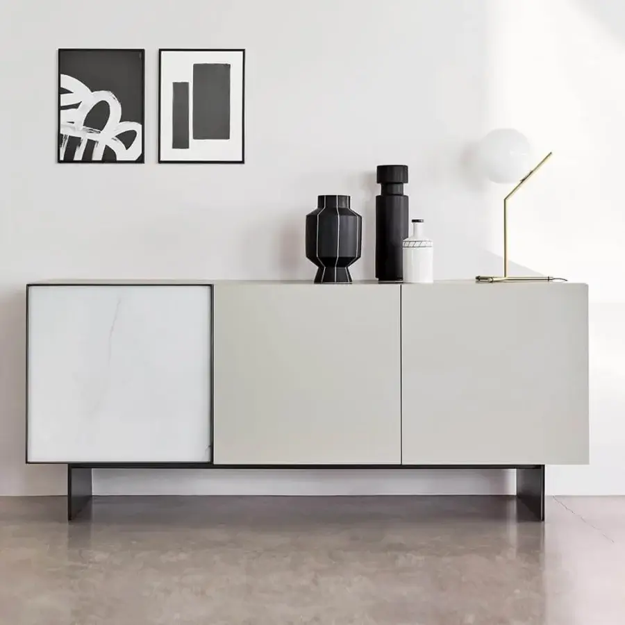Exceptional Presotto Match sideboard with light gray matte lacquer and a glossy marble effect door in black metal