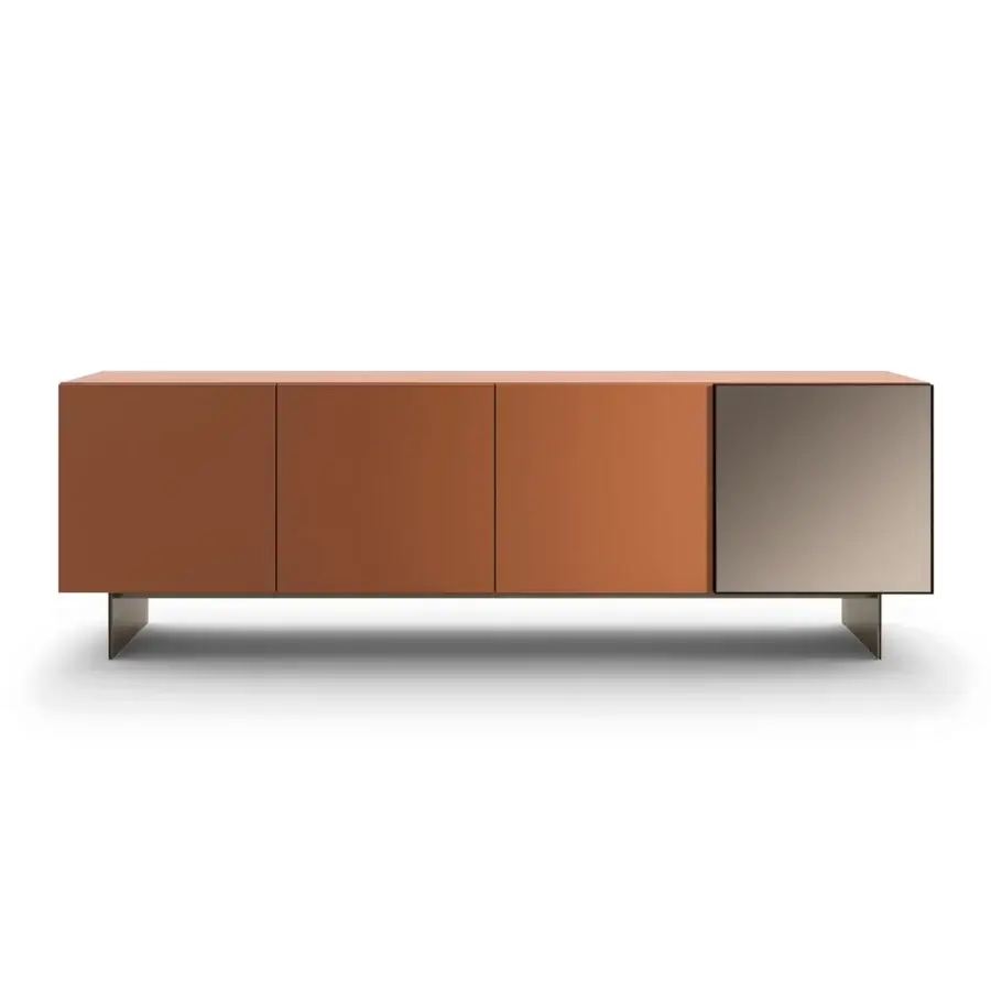 Superior Presotto Match sideboard crafted with reddish-brown chipboard panels and matte lacquer, featuring a contrasting reflective door with a metal base