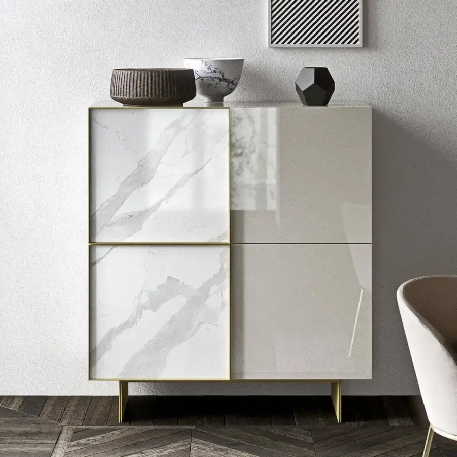 Elegant Presotto Match cupboard with chipboard panels and a striking gold-toned metal frame, finished in beige-grey matte lacquer and glossy marble-like patterns