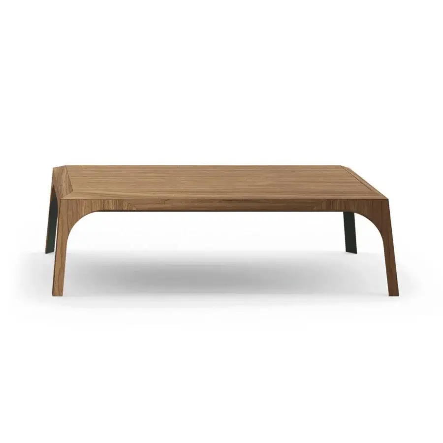 Exclusive Presotto Relevè coffee table with angled legs and a satin medium brown wood structure exhibiting natural grain