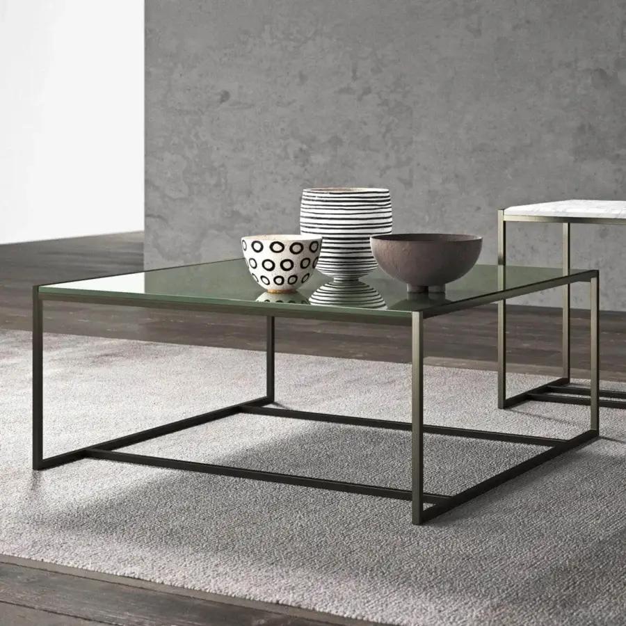 Distinguished Presotto Eulero coffee table with transparent glass tabletop and dark gray matte lacquered tubular metal frame