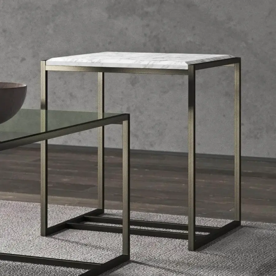 Sophisticated Presotto Eulero side table with dark gray matte metal frame and white marble tabletop exhibiting gray veining