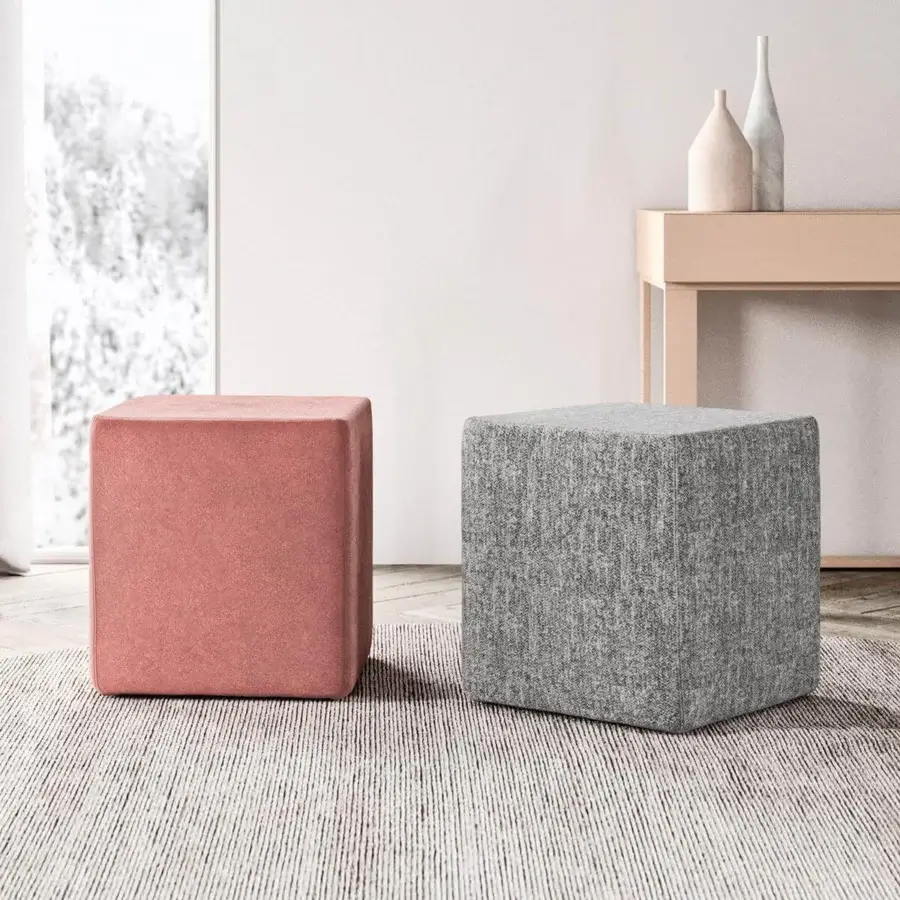 Exceptional Presotto Quadrato ottoman with muted rose textile upholstery and minimalist cubic form