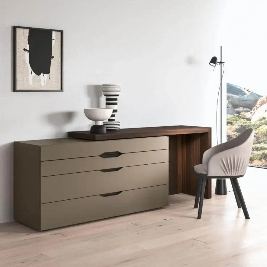 Distinguished Presotto Sigma dresser with taupe matte lacquer and darker wood veneer, exhibiting a minimalist design with recessed pulls