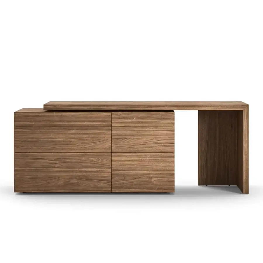 Rectangular cabinet with four drawers paired with a connected vertical open form displaying consistent wood-like grain