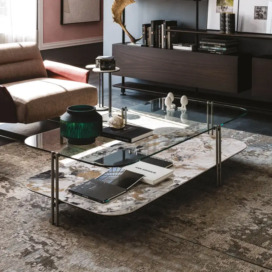 Distinguished Cattelan Italia Biplane coffee table with clear glass and white Marmi ceramic tops in a matte steel finish