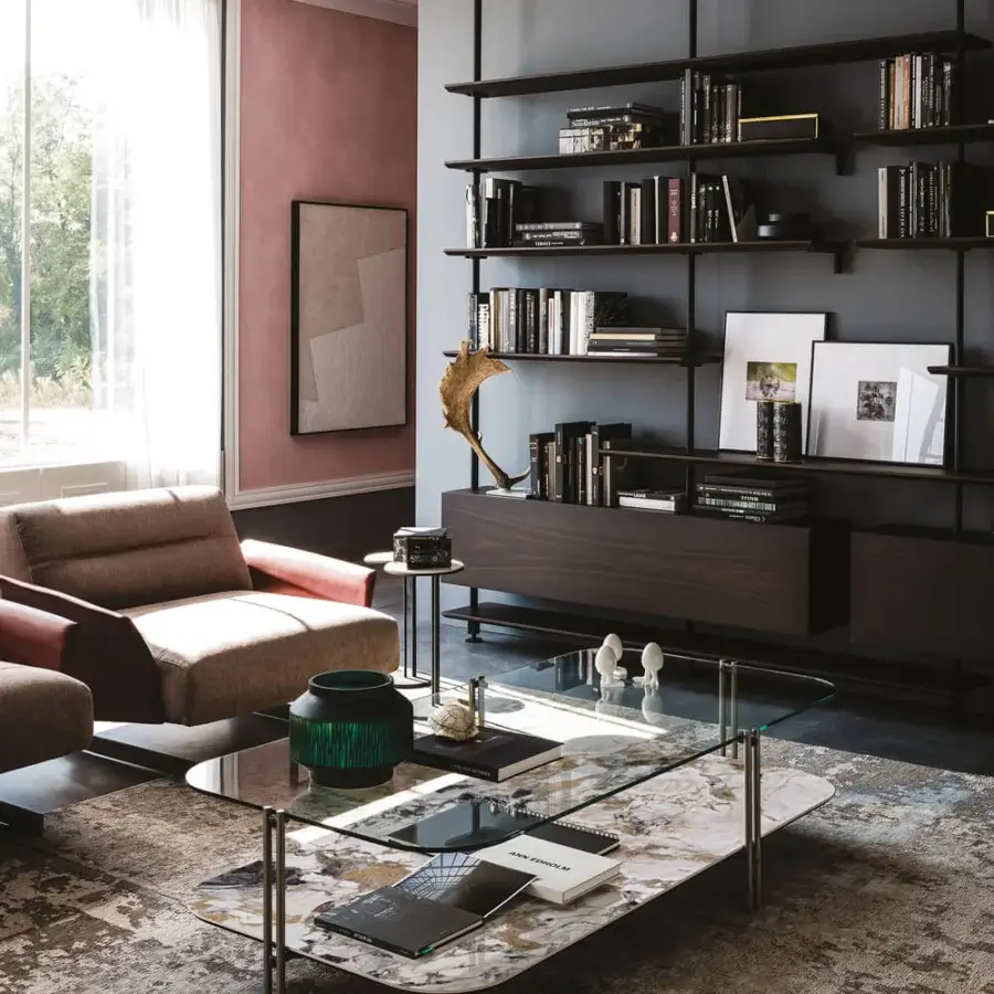 Harmonious Cattelan Italia Biplane coffee table with glass and Marmi ceramic in grey, white, and brown tones crafted with sleek steel feet