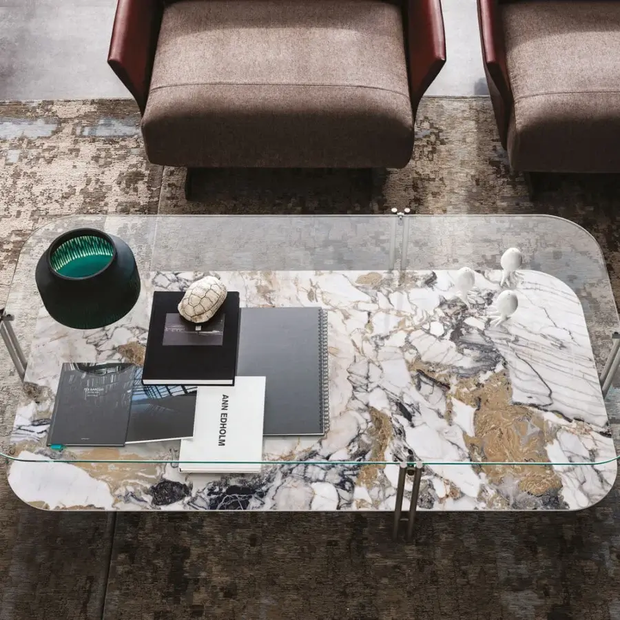 Superior Cattelan Italia Biplane coffee table with clear glass and swirling Marmi ceramic in whites, grays, and gold tones crafted with a sleek steel frame