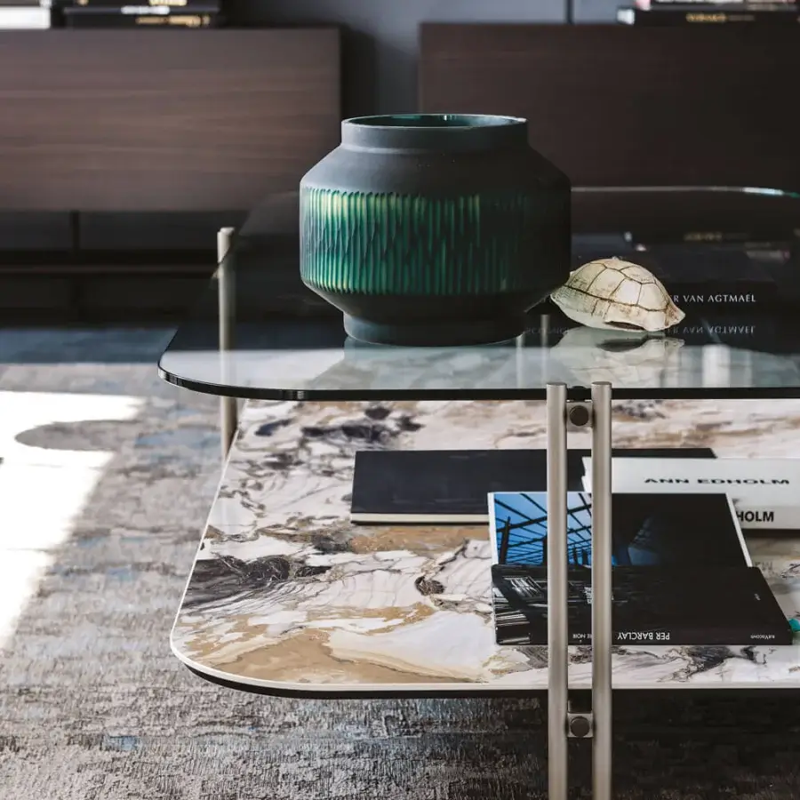 Exclusive Cattelan Italia Biplane coffee table with glass upper and swirling beige, brown, grey Marmi ceramic lower top in brushed steel