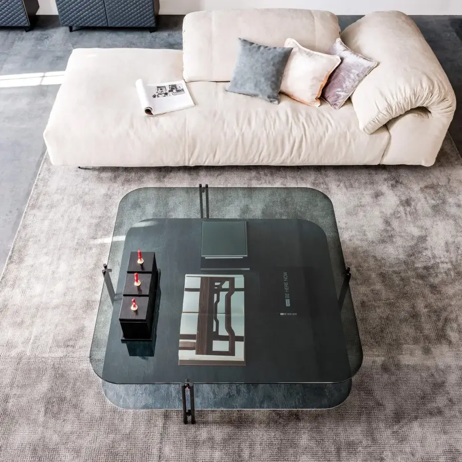 Captivating Cattelan Italia Biplane coffee table with dark tinted glass upper and matte dark composite lower levels crafted in steel