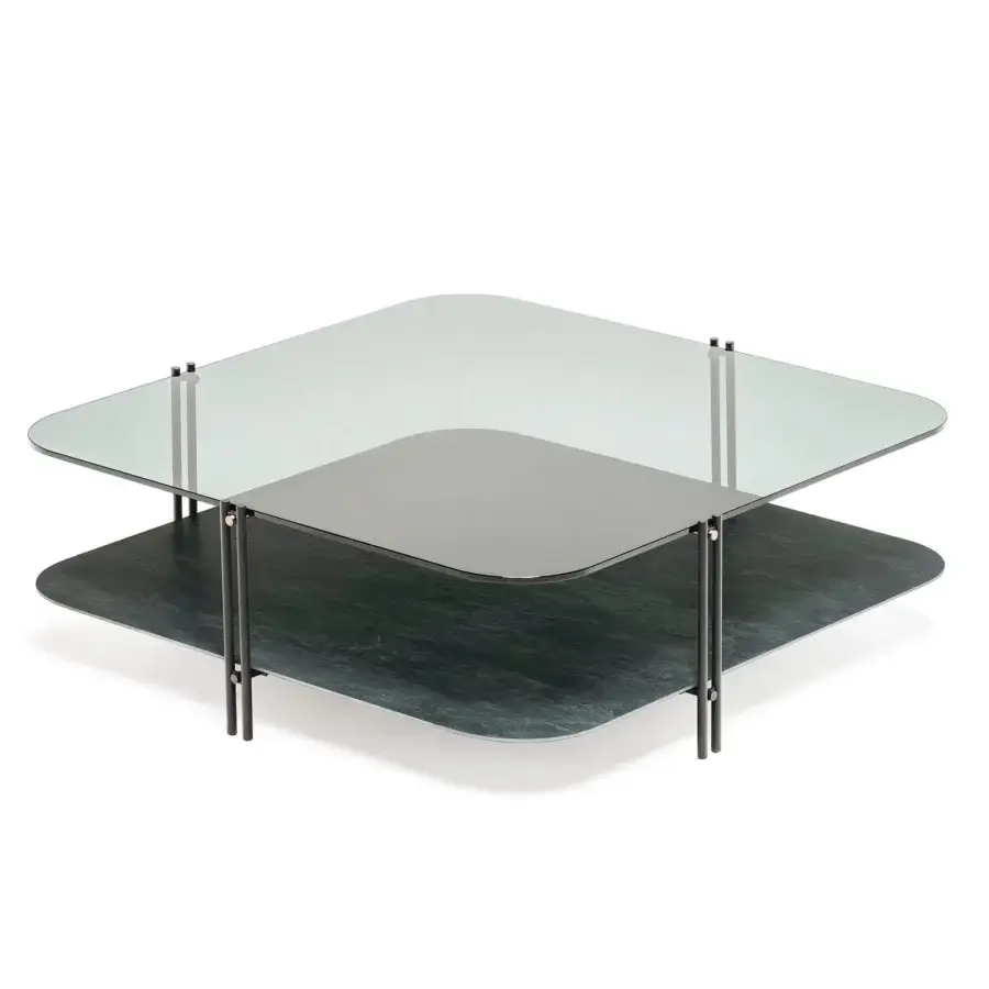 Superior Cattelan Italia Biplane coffee table with glass and Marmi ceramic tops in dark matte steel support
