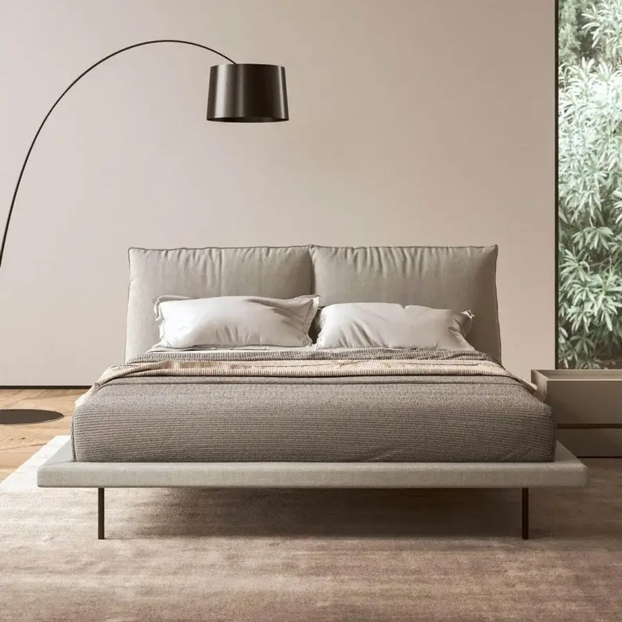 Distinguished Presotto Fez bed with minimal beech wood structure and refined muted gray textile upholstery
