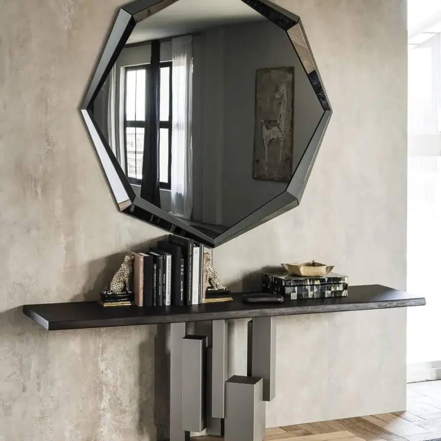 Distinguished Cattelan Italia Emerald mirror with alternating clear and mirrored glass panels in gray tones and a beveled frame
