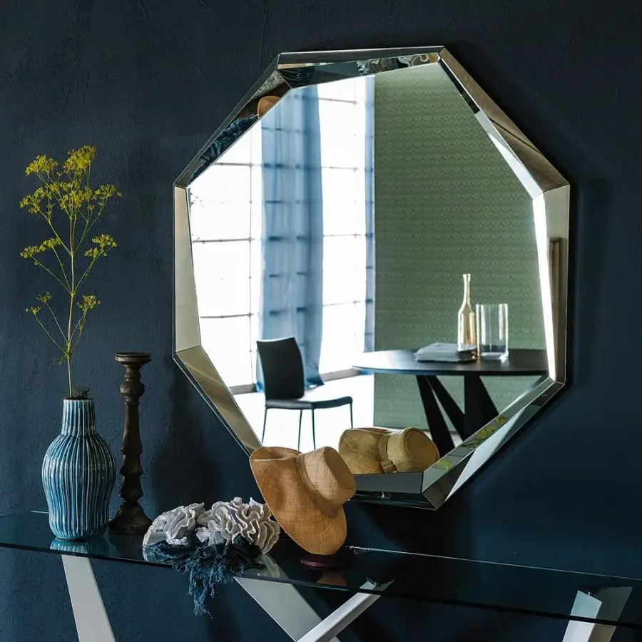 Elegant Cattelan Italia Emerald mirror with irregular octagonal shape and fumé glass finish crafted in Italy