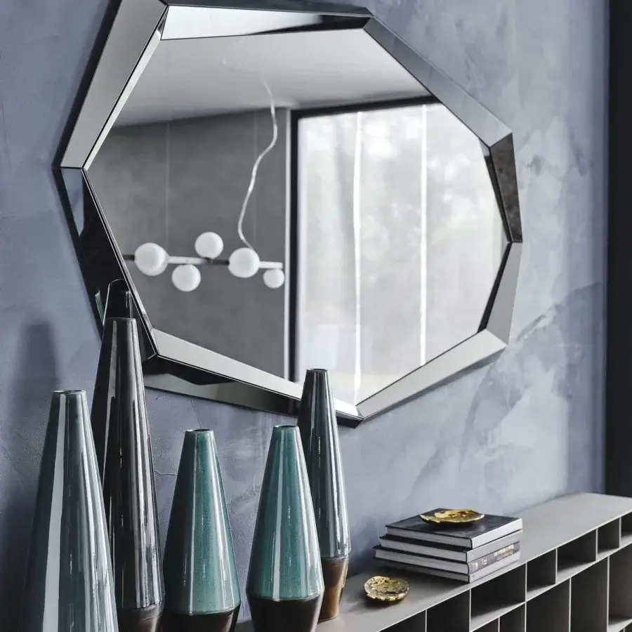 Distinguished Cattelan Italia Emerald mirror with fully mirrored frame and beveled edges in a metallic gray tone