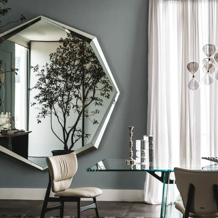Exclusive Cattelan Italia Emerald mirror with a geometrically shaped fully mirrored frame and sleek silver finish