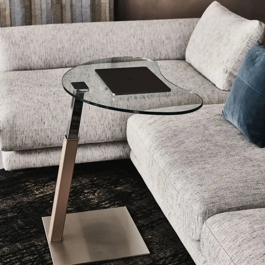 Distinguished Cattelan Italia Lap side table with glass top and muted gold tone steel built with satin finish