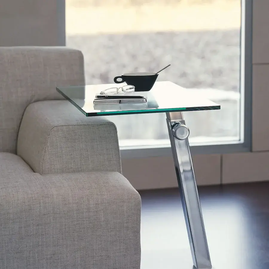 Superior Cattelan Italia Lap side table with sleek glass top and polished steel stem built with a brushed steel base