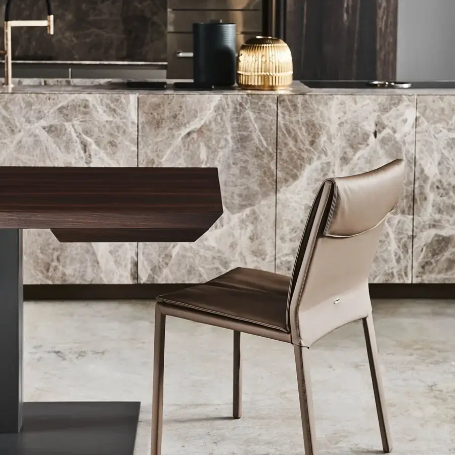 Exceptional Cattelan Italia Isabel chair with light brown leather-like upholstery and slender metal legs crafted with a matching finish