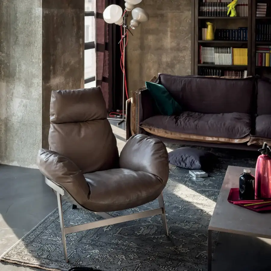 Distinctive Arketipo Jupiter lounge chair with dark brown leather upholstery and satin-finished metal frame