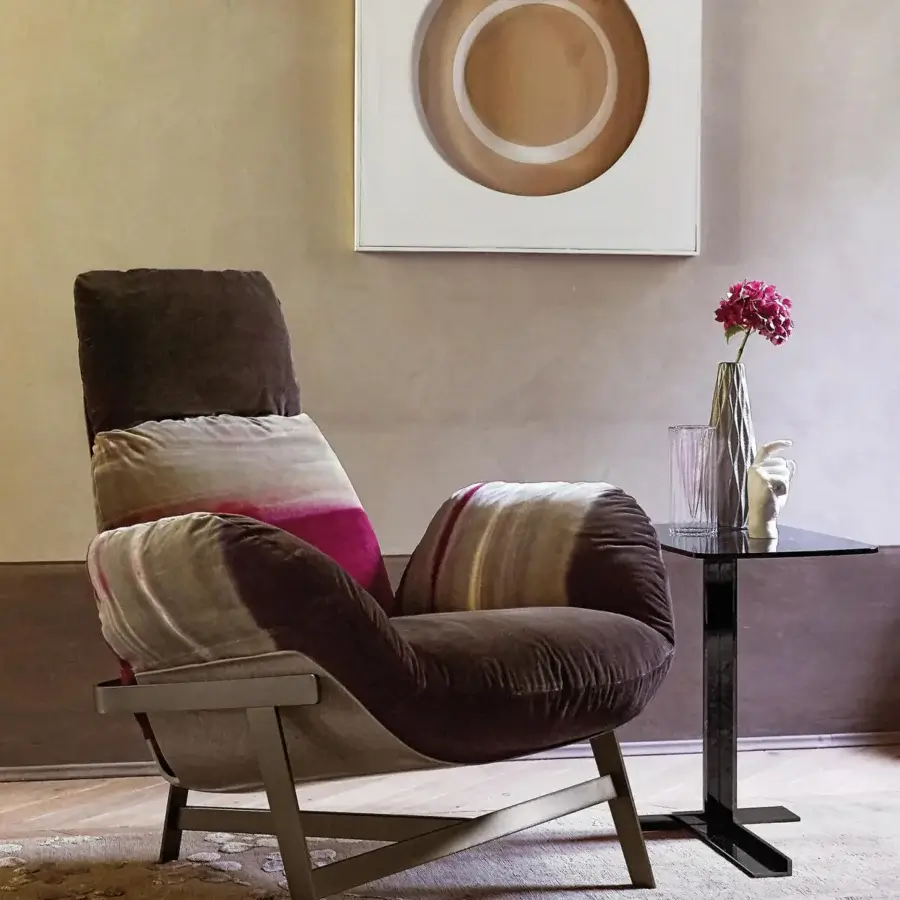 Architectural Arketipo Jupiter lounge chair with sumptuous dark brown velvet upholstery and matte finish wood frame