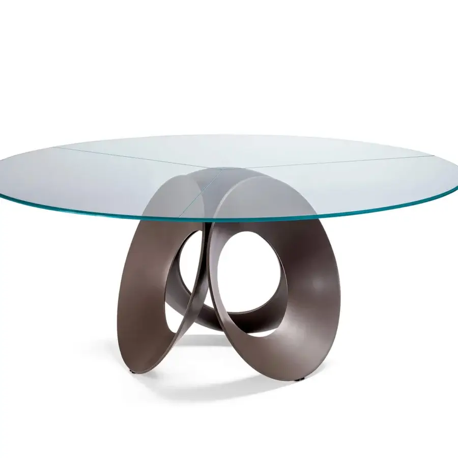 Distinctive Arketipo Oracle table with a round glass top and captivating dark brown metal base crafted in a flower of life design