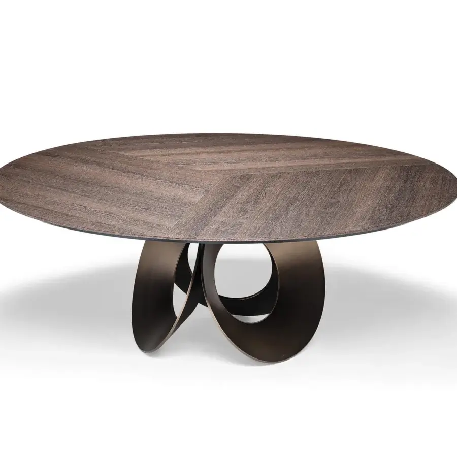 Elegant Arketipo Oracle table with mocha oak veneered MDF tabletop and sculptural dark metal base crafted with a satin finish
