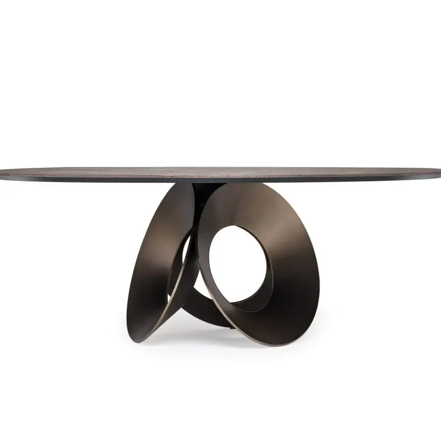 Exceptional Arketipo Oracle table with Sucupira veneered MDF tabletop and visually dynamic dark bronze-toned metal base
