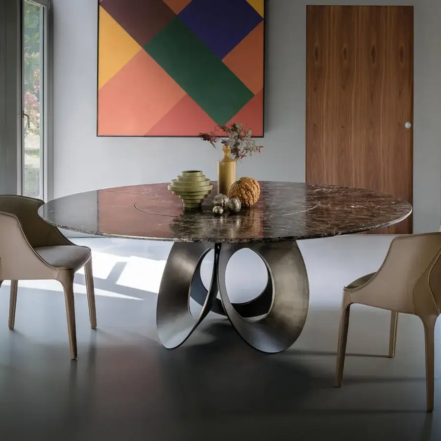 Superior Arketipo Oracle table with dark brown marble tabletop and matte finish metal base inspired by the flower of life