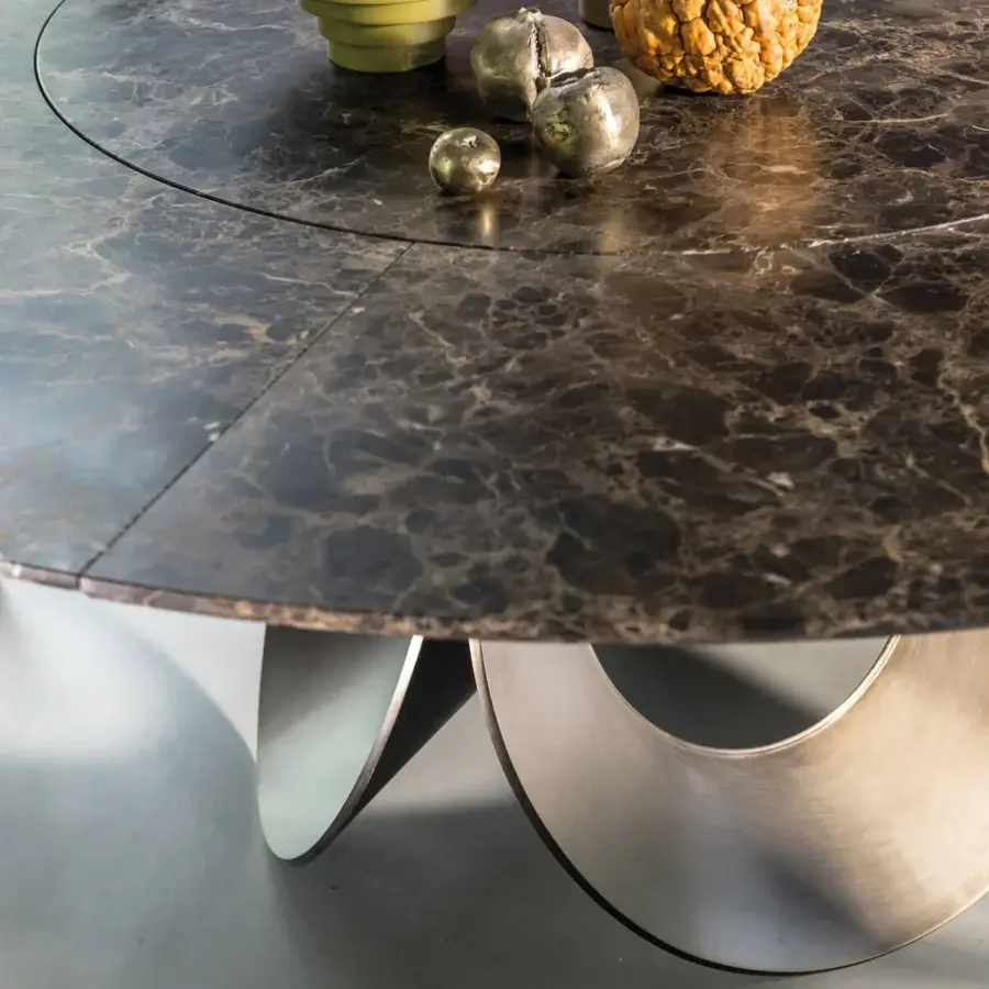 Distinguished Arketipo Oracle table with a dark brown marble top and brushed silver-tone metal base crafted in a flower of life design
