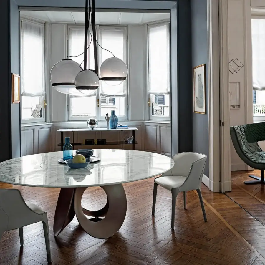 Exceptional Arketipo Oracle table with a rotating marble top and flower of life inspired matte brown metal base