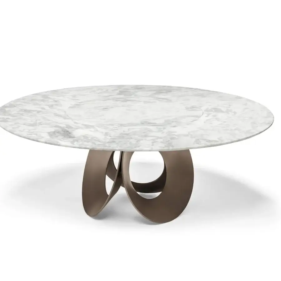 Distinguished Arketipo Oracle table crafted in marble with swirled white and grey hues and a brownish-bronze metal base